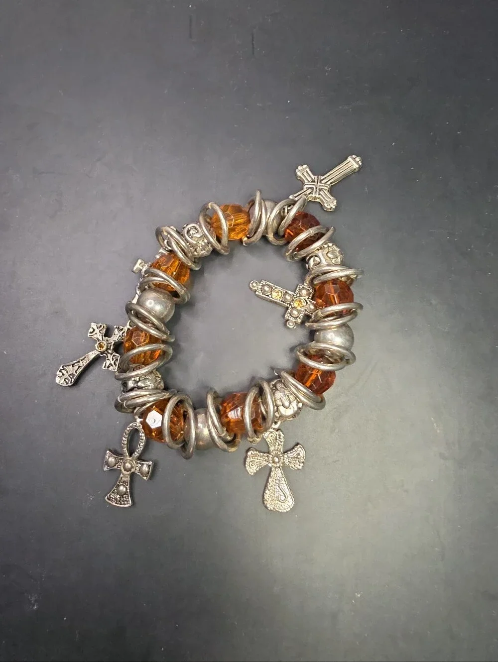 Amber Glass Bead Cross Charm Stretch Bracelet - Women Jewelry